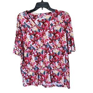 Chico's Pink Floral Printed 100% Pima Cotton Slub V-Neck Tee Size 3 or X-Large